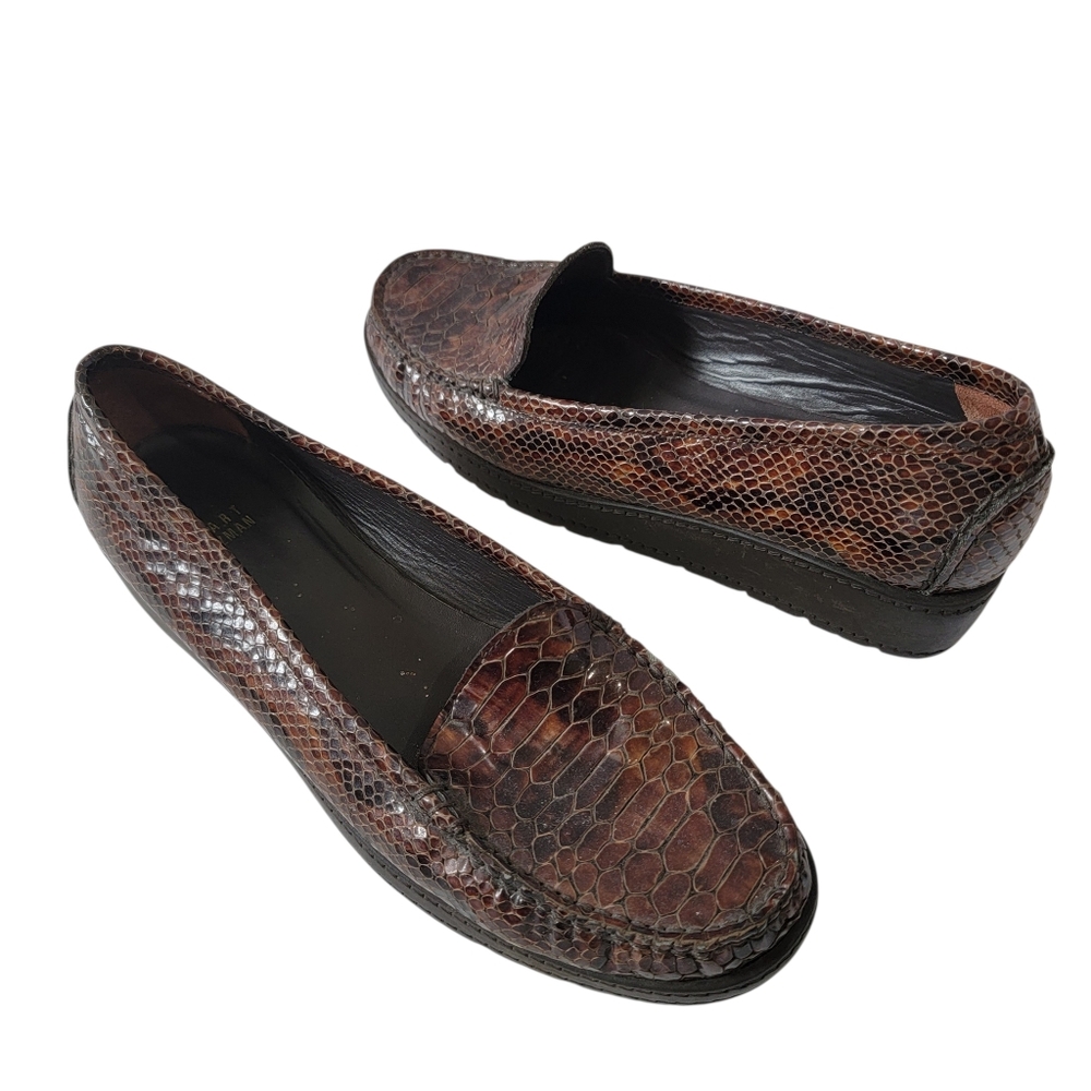 Stuart Weitzman Payson Loafers Sz 9 Brown Leather Snakeskin Old Money Luxury